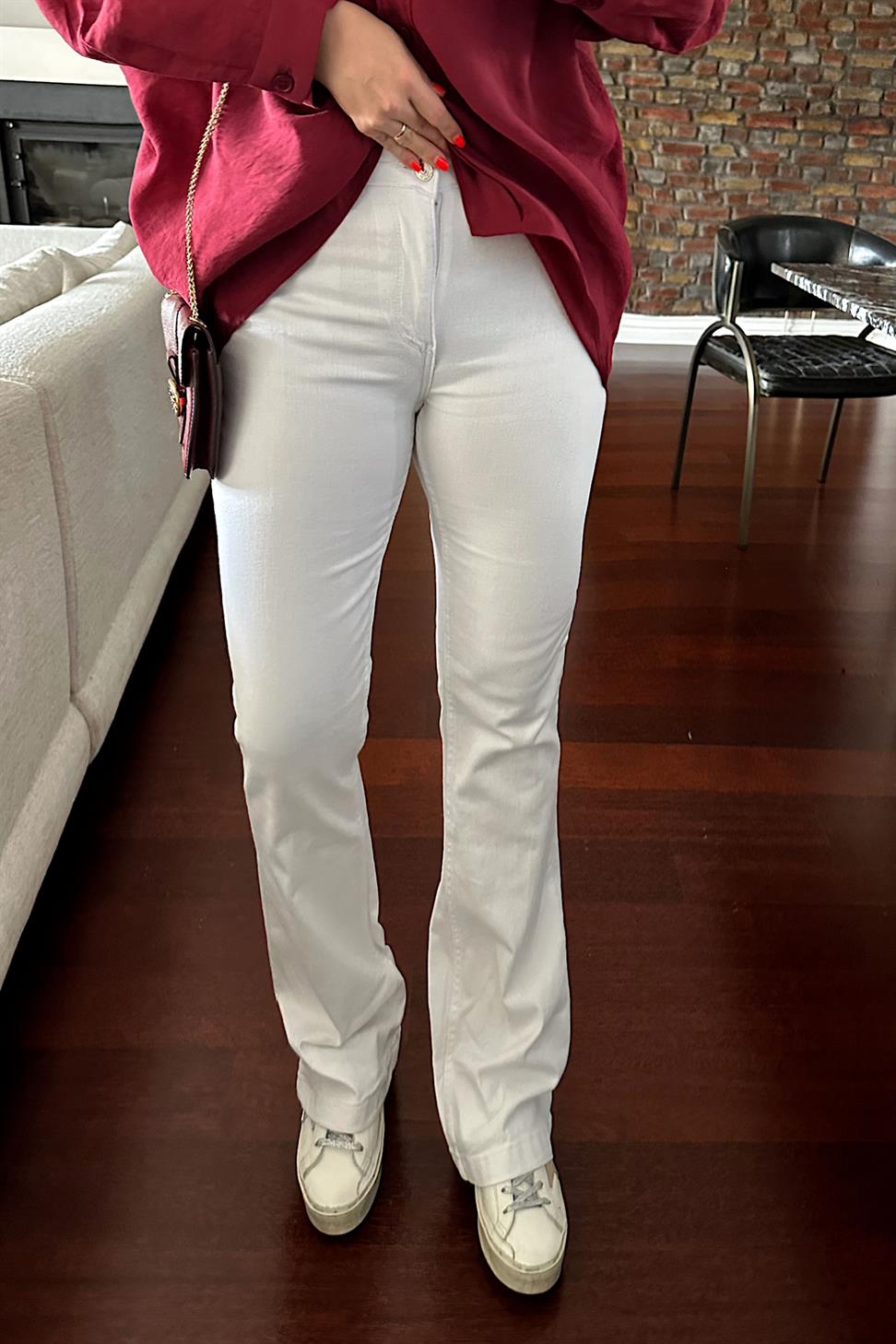 Ultra Yüksek Bel Full Likralı Yarı İspanyol Pantolon Beyaz