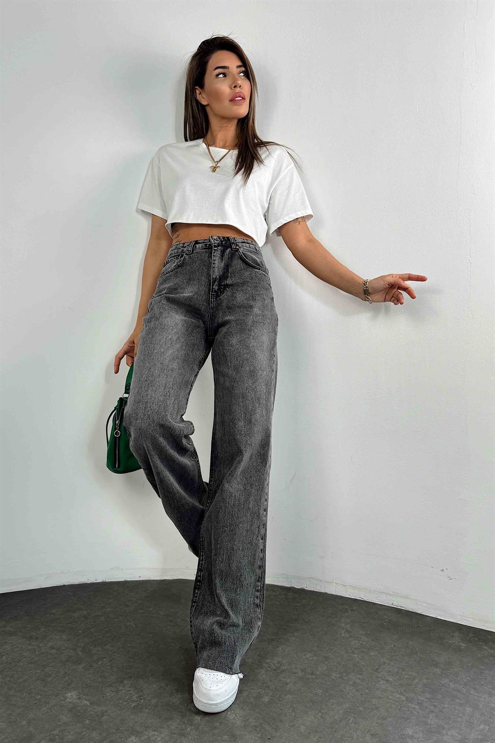 Ultra Yüksek Bel Geniş Paça Jean Antrasit