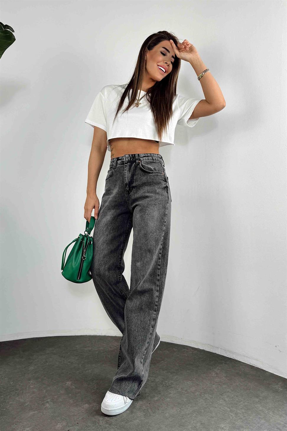 Ultra Yüksek Bel Geniş Paça Jean Antrasit