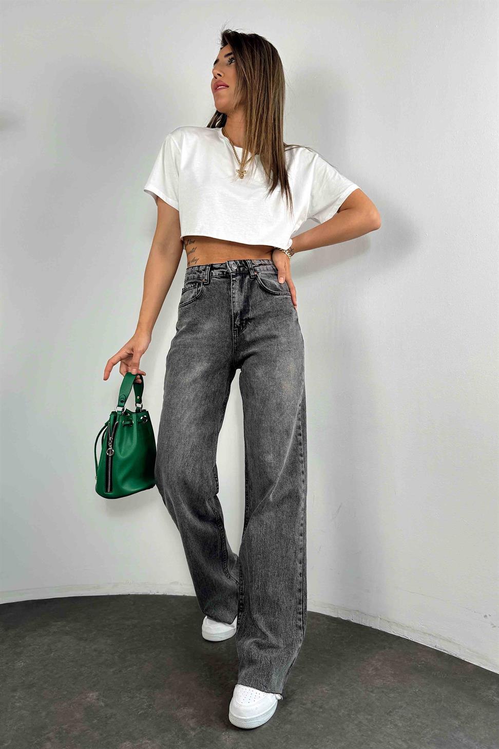 Ultra Yüksek Bel Geniş Paça Jean Antrasit