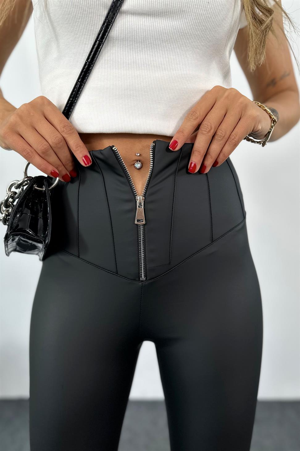 Ultra Yüksek Bel Korseli Mat Deri Tayt Siyah