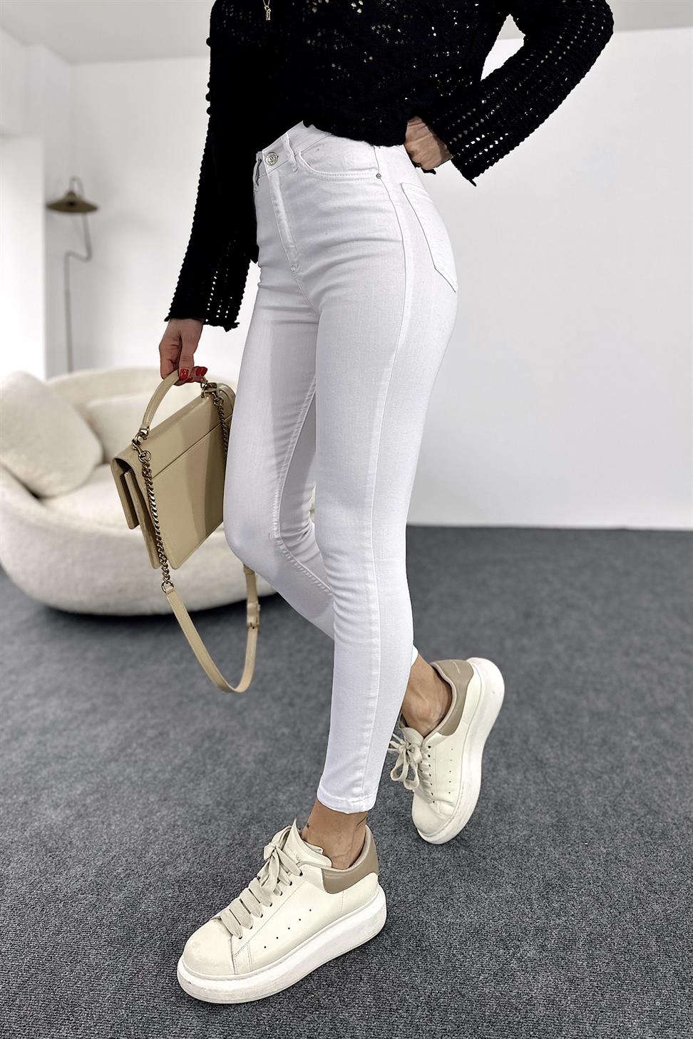 Ultra Yüksek Bel Likralı Skinny Jean Pantolon Beyaz