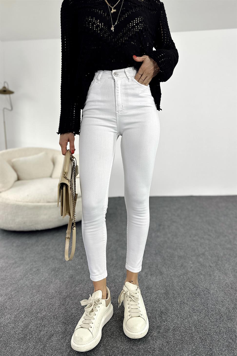 Ultra Yüksek Bel Likralı Skinny Jean Pantolon Beyaz