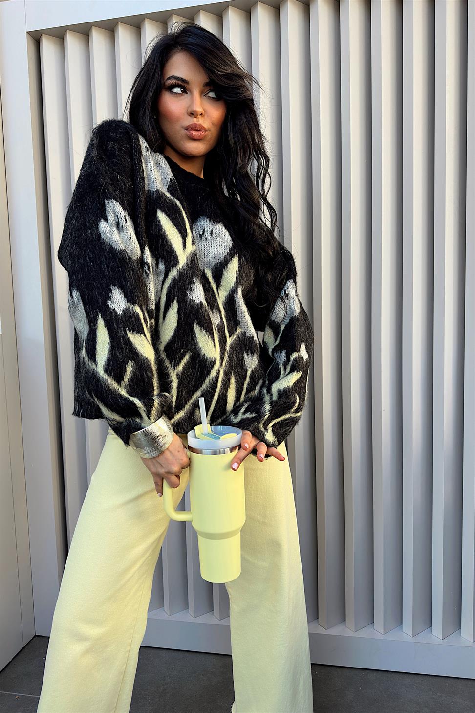 Ultra Yüksek Bel Paça Lazer Kesim Straight Fit Jean Pantolon Sarı