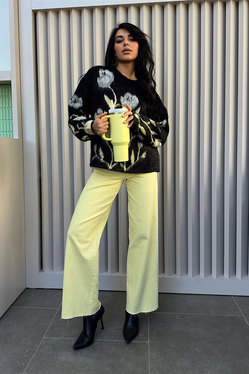 Ultra Yüksek Bel Paça Lazer Kesim Straight Fit Jean Pantolon Sarı