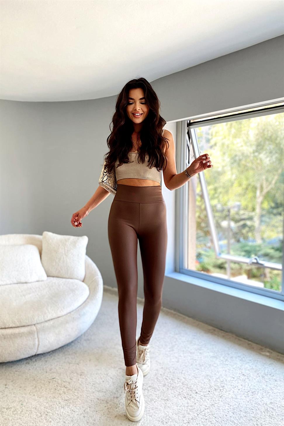 Ultra Yüksek Bel Şardonlu Çatlamayan Mat Deri Tayt Kahverengi