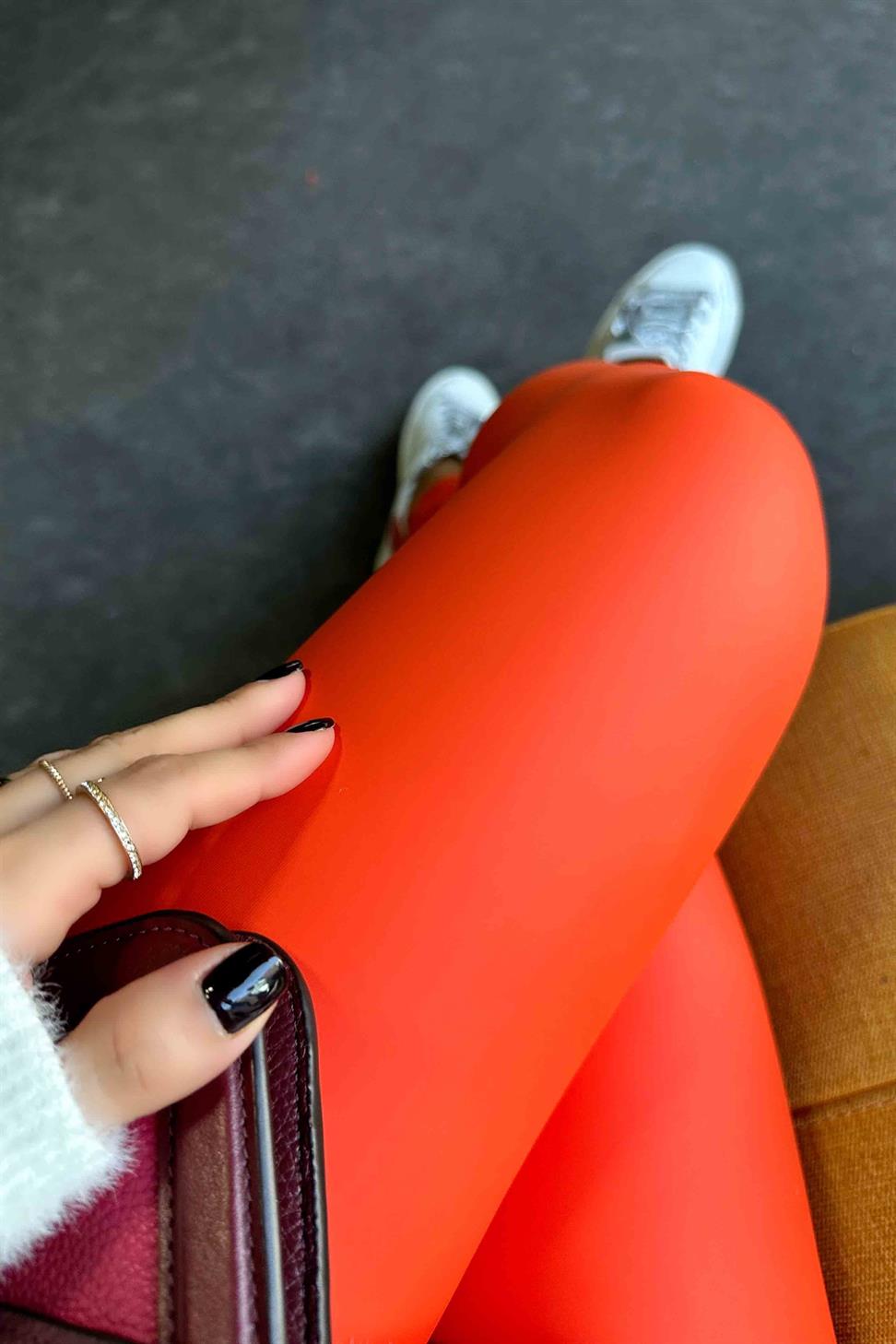 Ultra Yüksek Bel Şardonlu Çatlamayan Mat Deri Tayt Turuncu