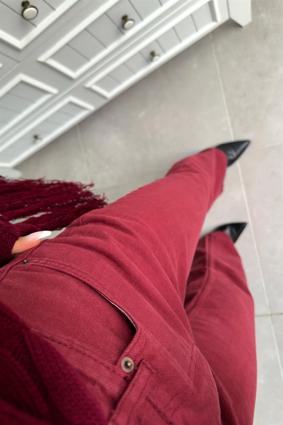 Ultra Yüksek Bel Straight Jean Pantolon Bordo