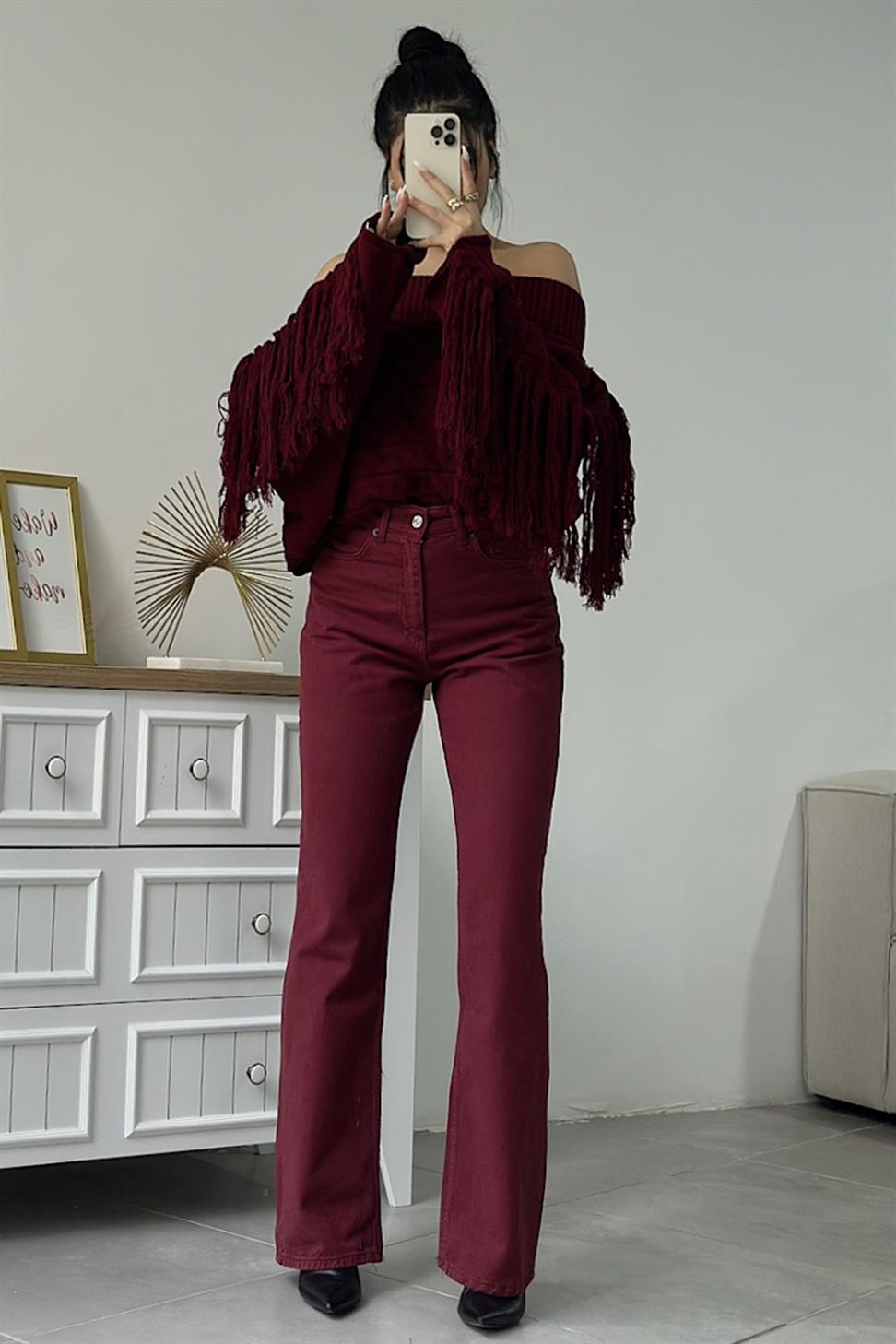 Ultra Yüksek Bel Straight Jean Pantolon Bordo