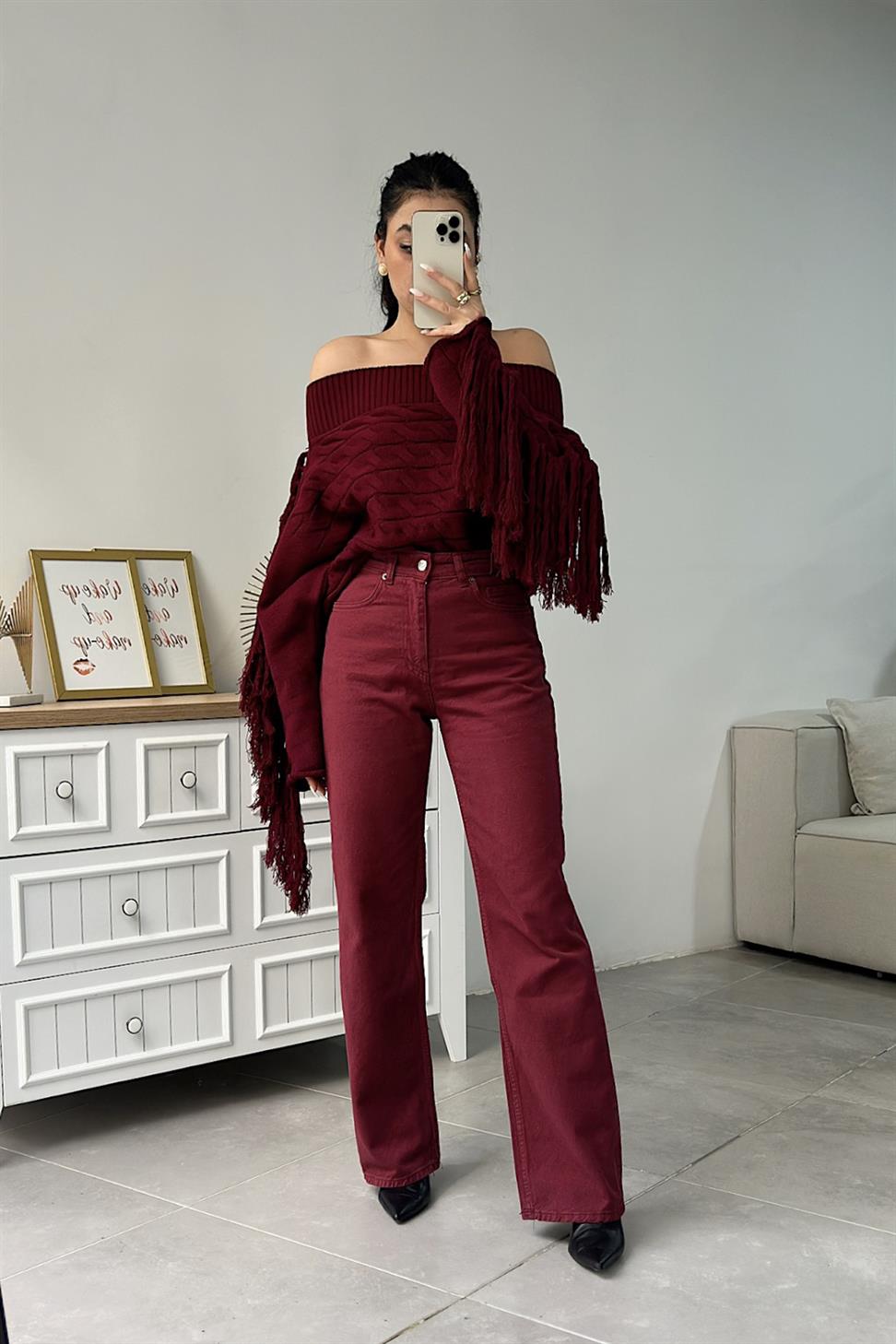 Ultra Yüksek Bel Straight Jean Pantolon Bordo