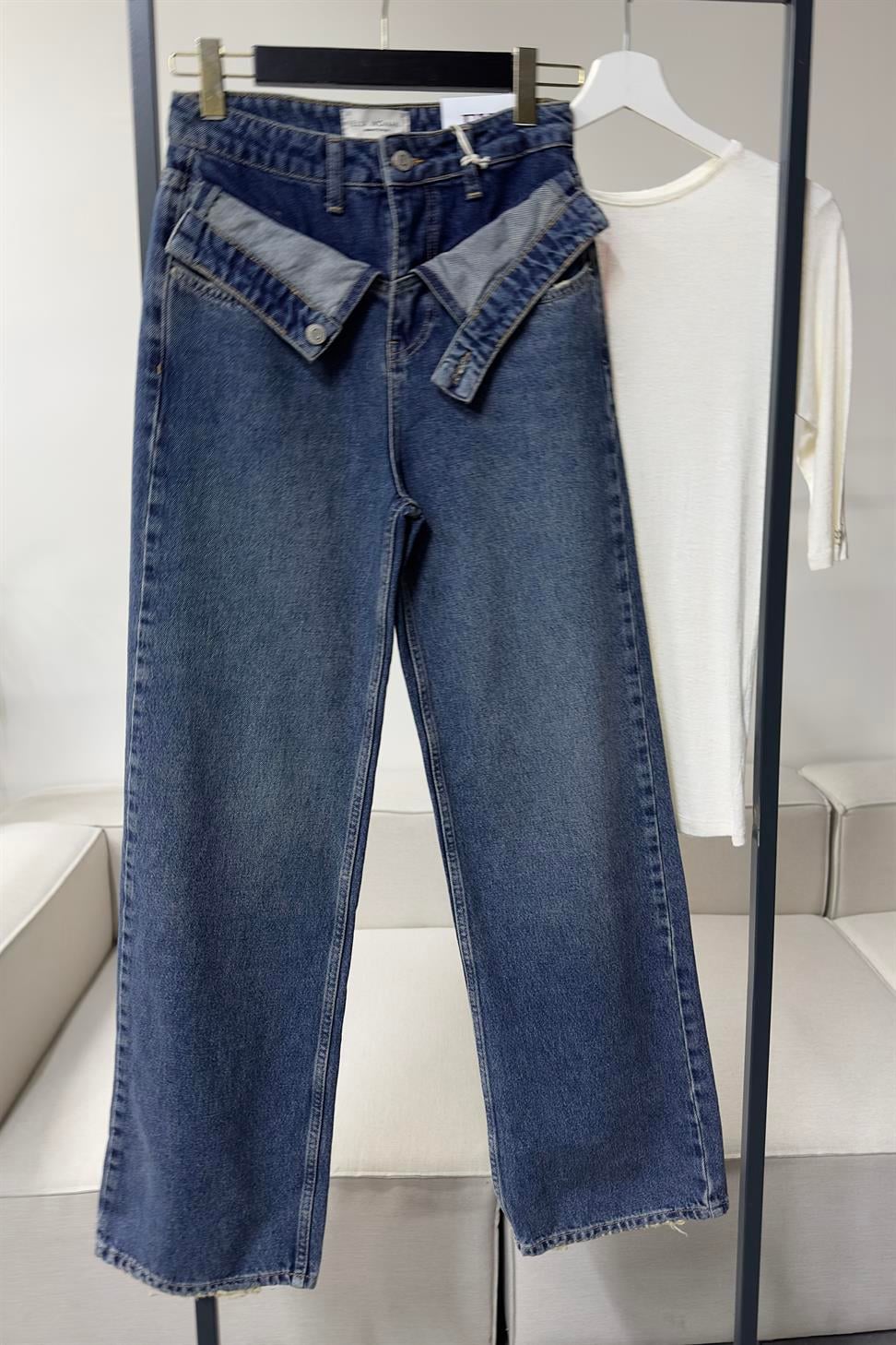 Ultra Yüksel Bel Çift Kullanılabilir Kemer Detaylı Jean Pantolon Mavi