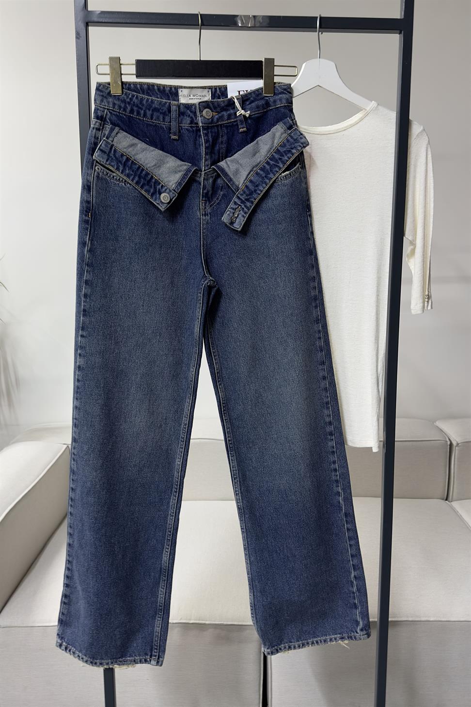 Ultra Yüksel Bel Çift Kullanılabilir Kemer Detaylı Jean Pantolon Mavi