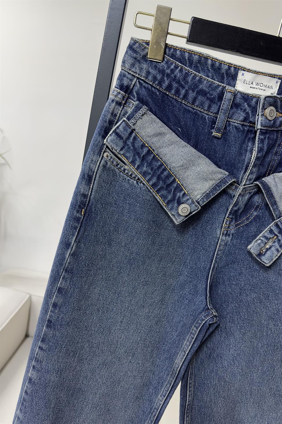 Ultra Yüksel Bel Çift Kullanılabilir Kemer Detaylı Jean Pantolon Mavi