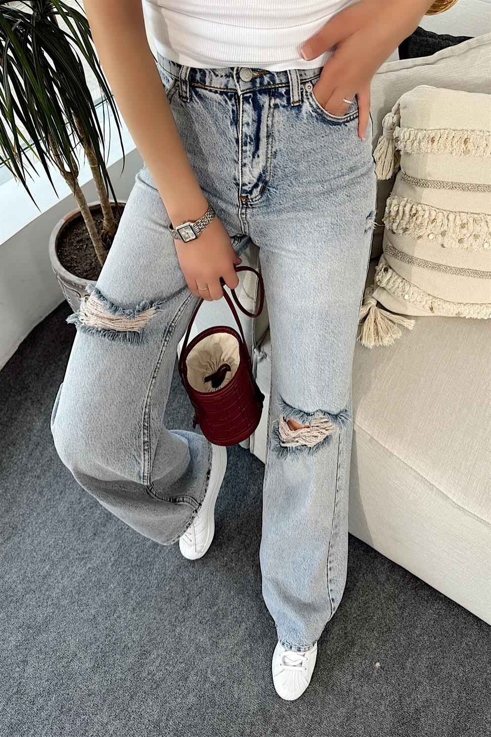 Ultra Yüksel Bel Lazer  Kesim Tasarım Jean Pantolon Mavi