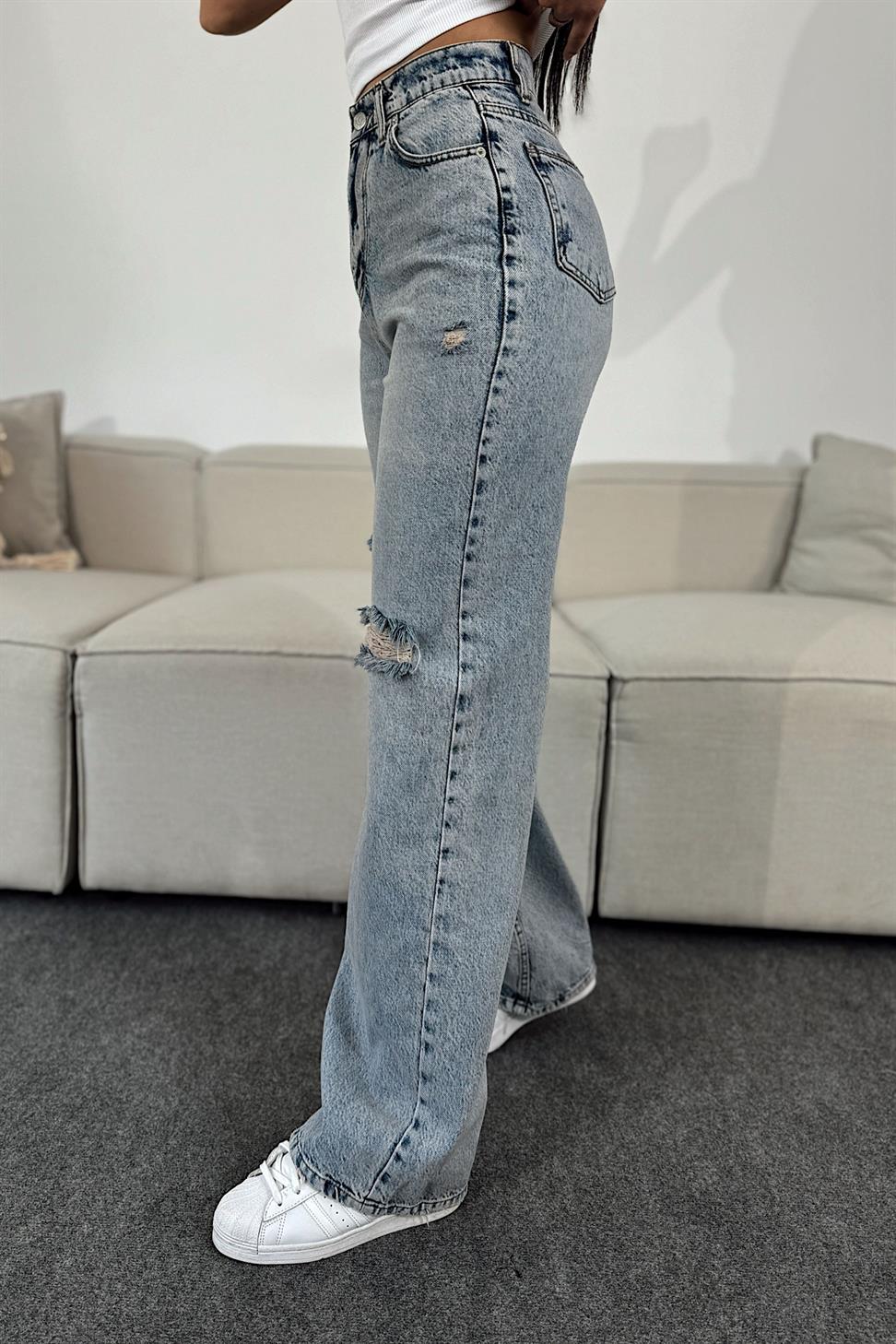 Ultra Yüksel Bel Lazer  Kesim Tasarım Jean Pantolon Mavi