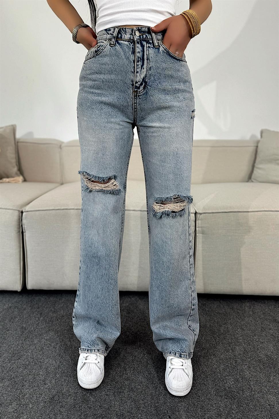 Ultra Yüksel Bel Lazer  Kesim Tasarım Jean Pantolon Mavi