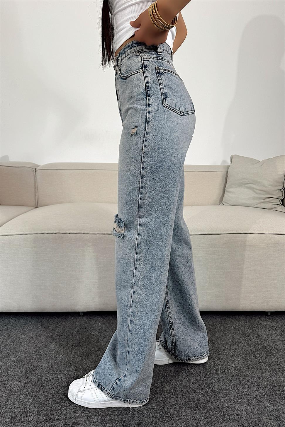 Ultra Yüksel Bel Lazer  Kesim Tasarım Jean Pantolon Mavi