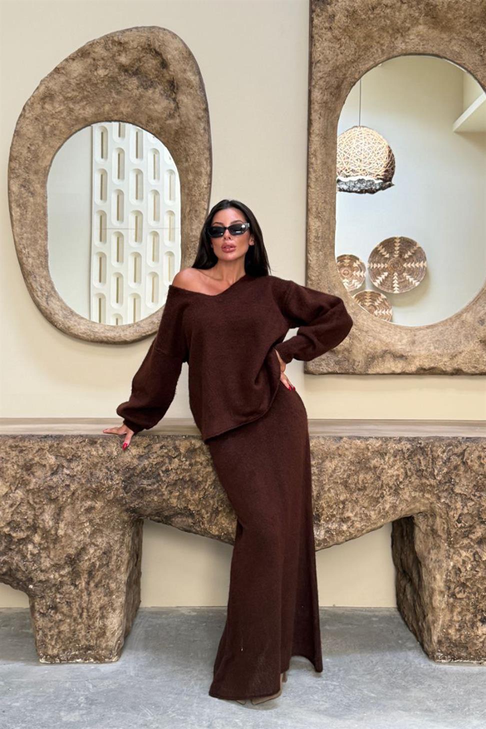 V Yaka Etekli  İkili Triko Takım Acı Kahve
