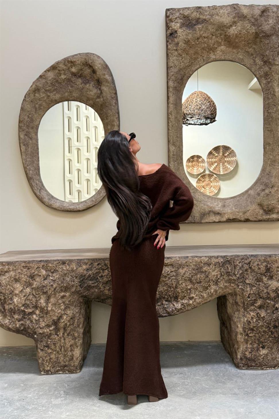 V Yaka Etekli  İkili Triko Takım Acı Kahve