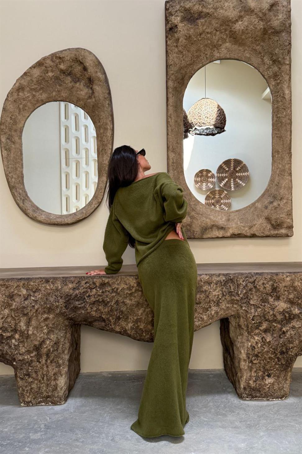 V Yaka Etekli  İkili Triko Takım Haki