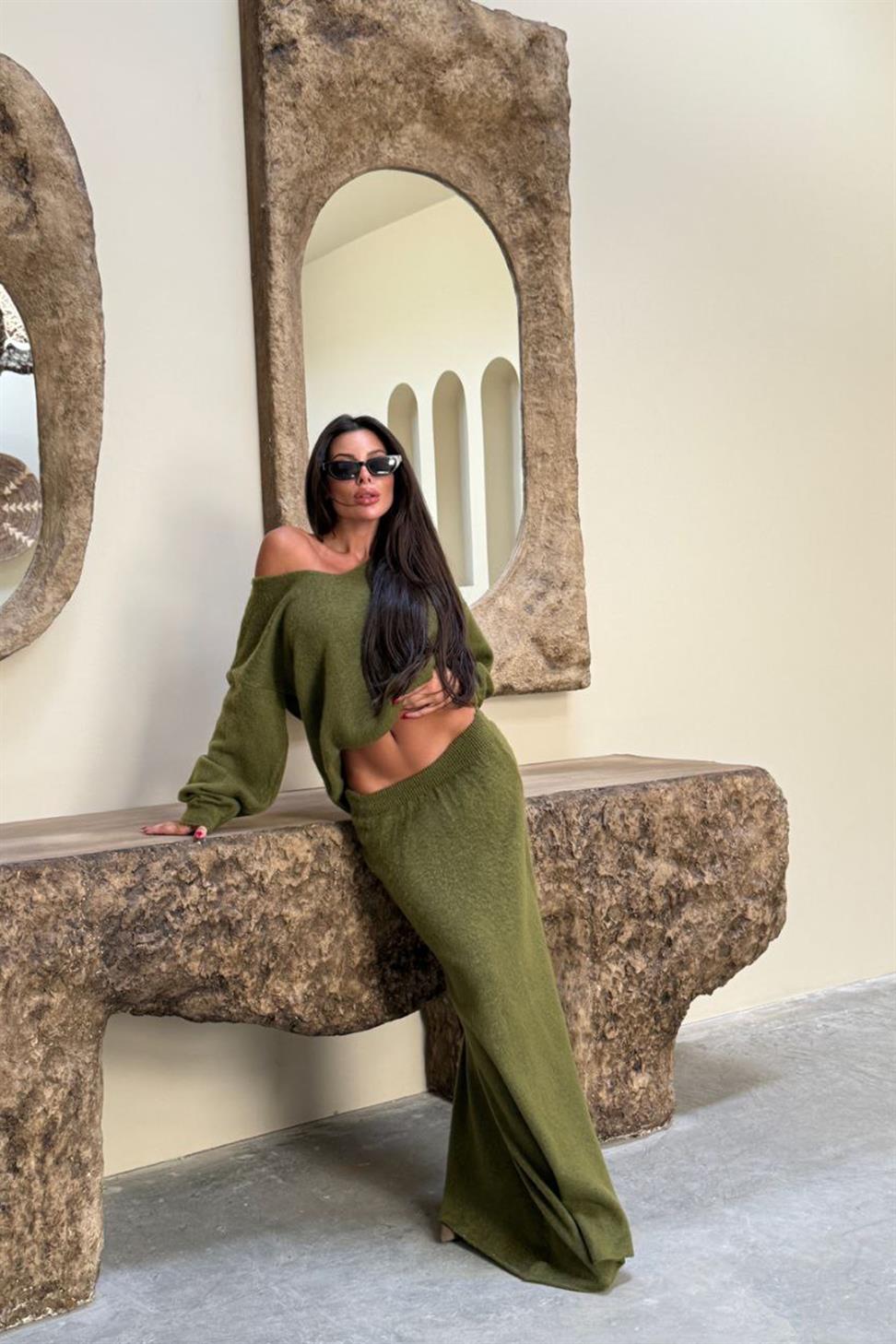 V Yaka Etekli  İkili Triko Takım Haki