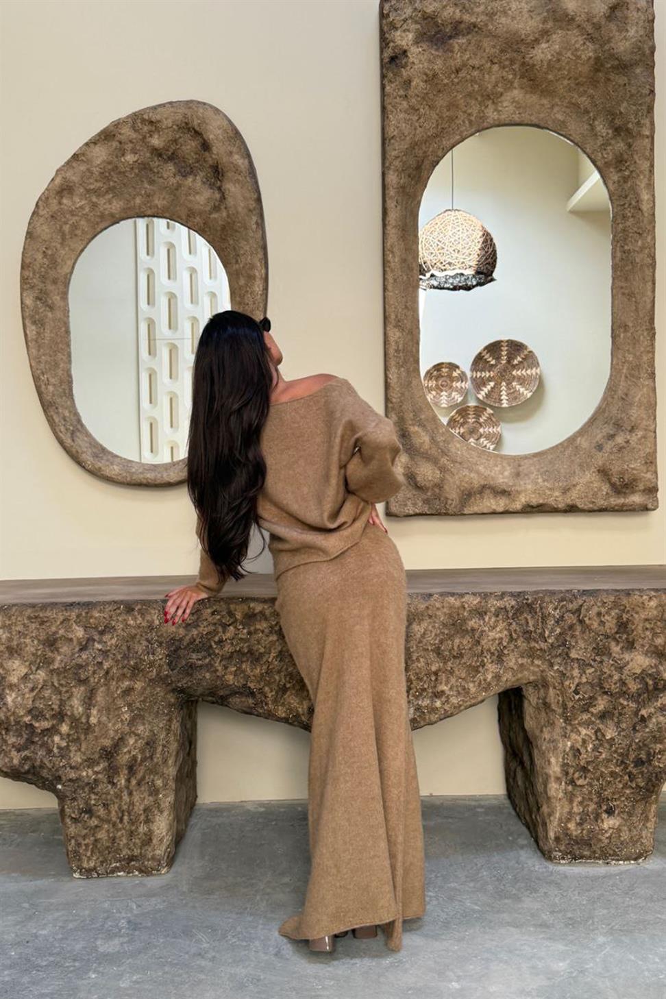 V Yaka Etekli  İkili Triko Takım Sütlü Kahve