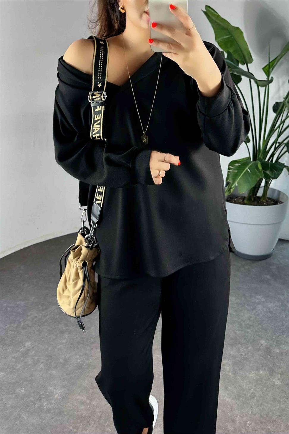 V Yaka Kapüşonlu İkili Kadın Takım Siyah
