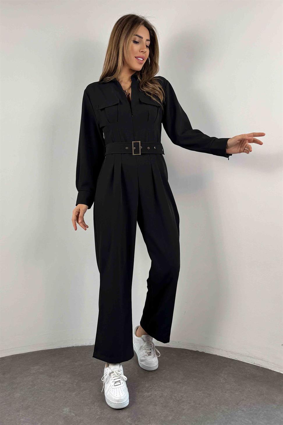 V Yakalı Önden Fermuar Detaylı Tulum Siyah