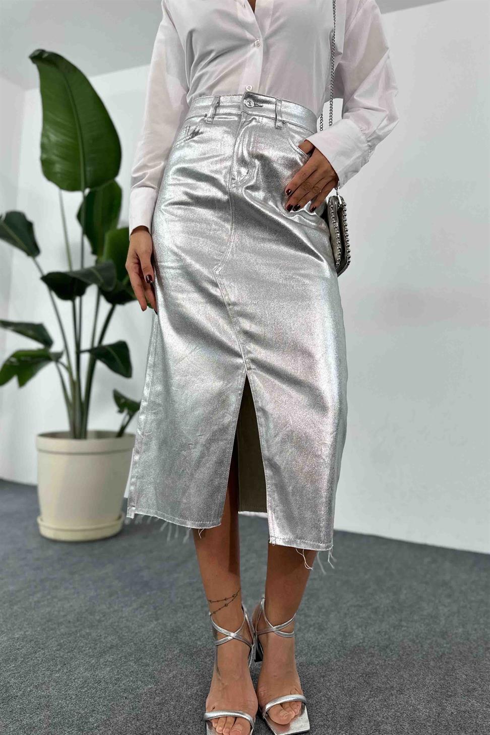 Varak Desenli Uzun Yırtmaçlı Etek Gümüş