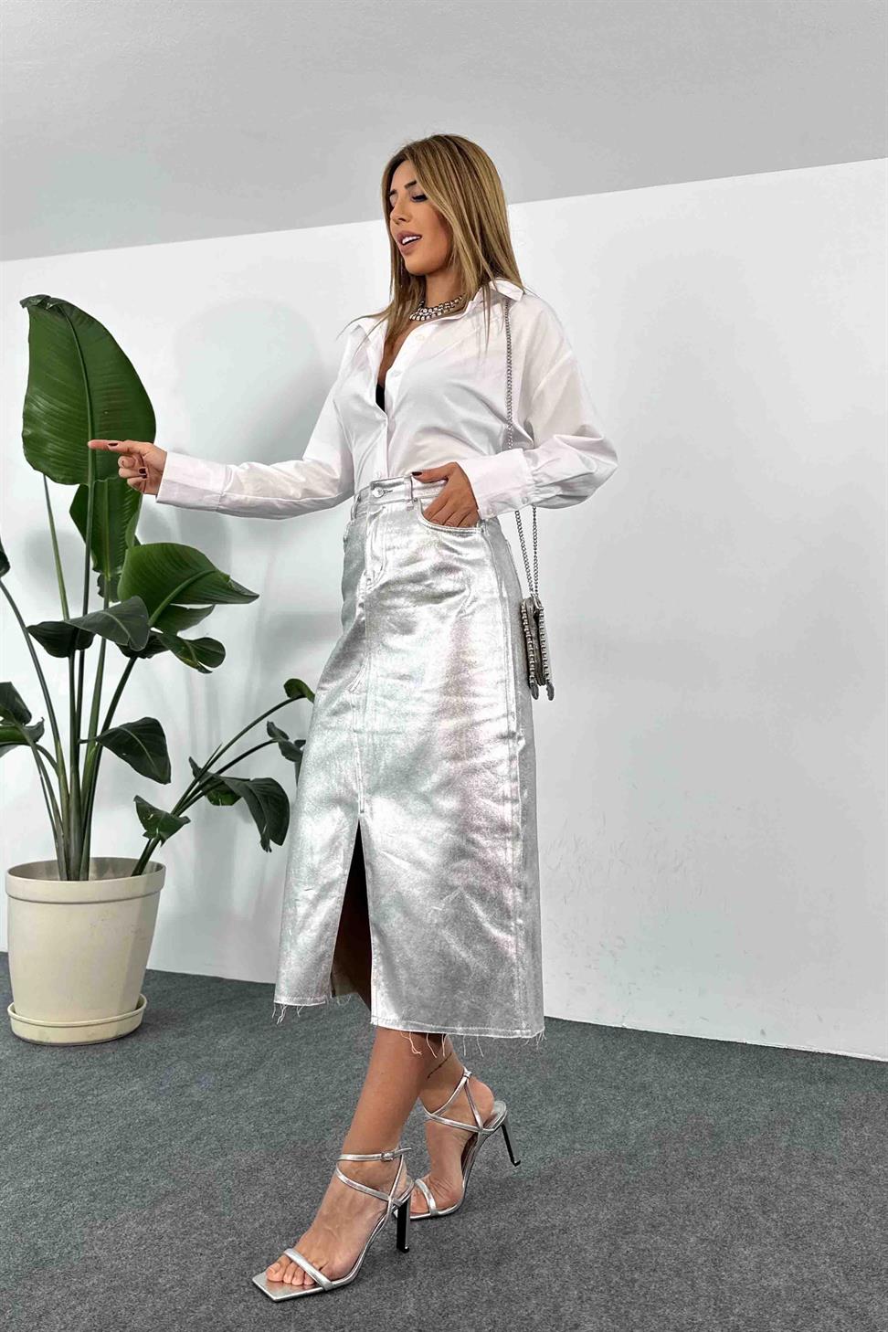 Varak Desenli Uzun Yırtmaçlı Etek Gümüş