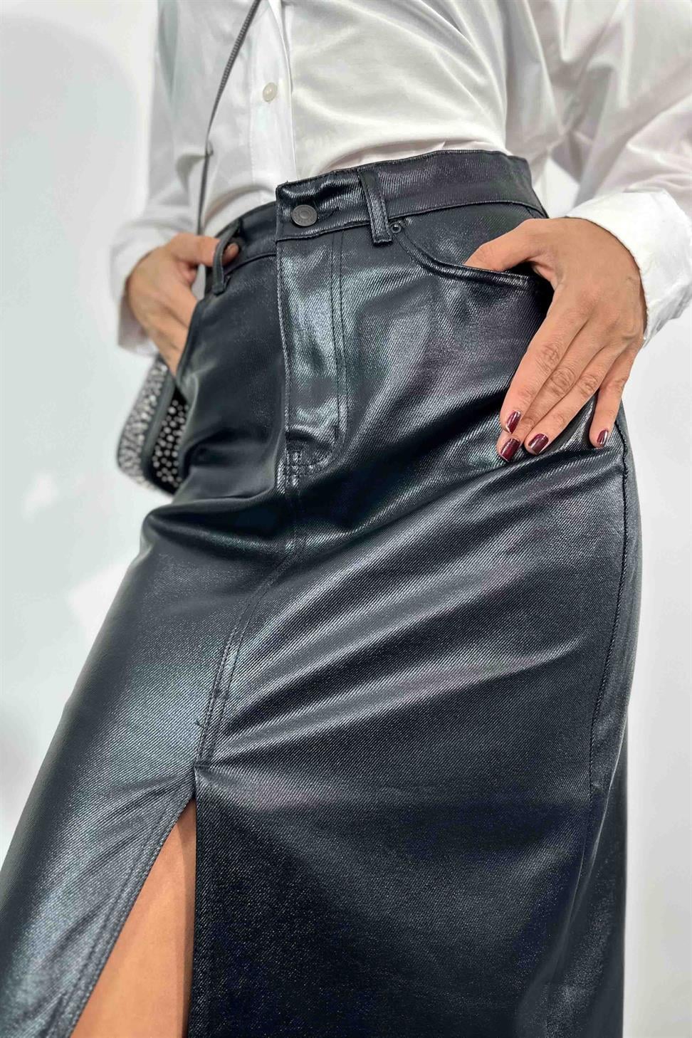 Varak Desenli Uzun Yırtmaçlı Etek Siyah