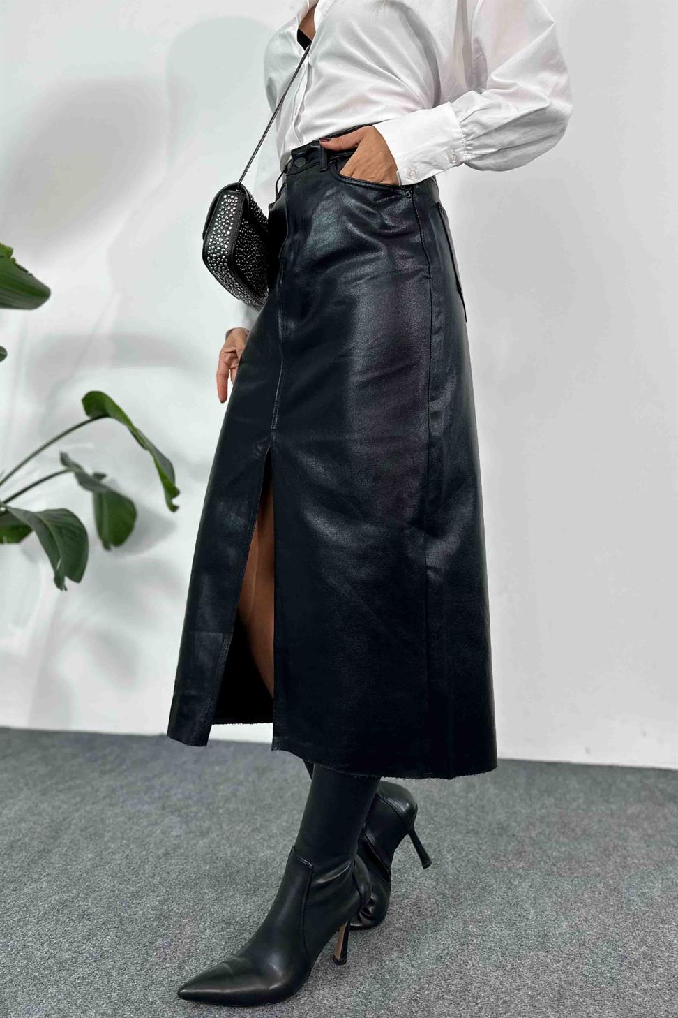 Varak Desenli Uzun Yırtmaçlı Etek Siyah