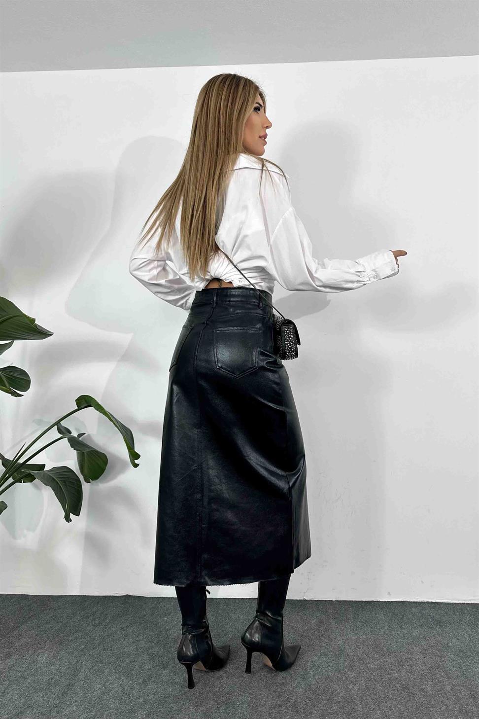 Varak Desenli Uzun Yırtmaçlı Etek Siyah