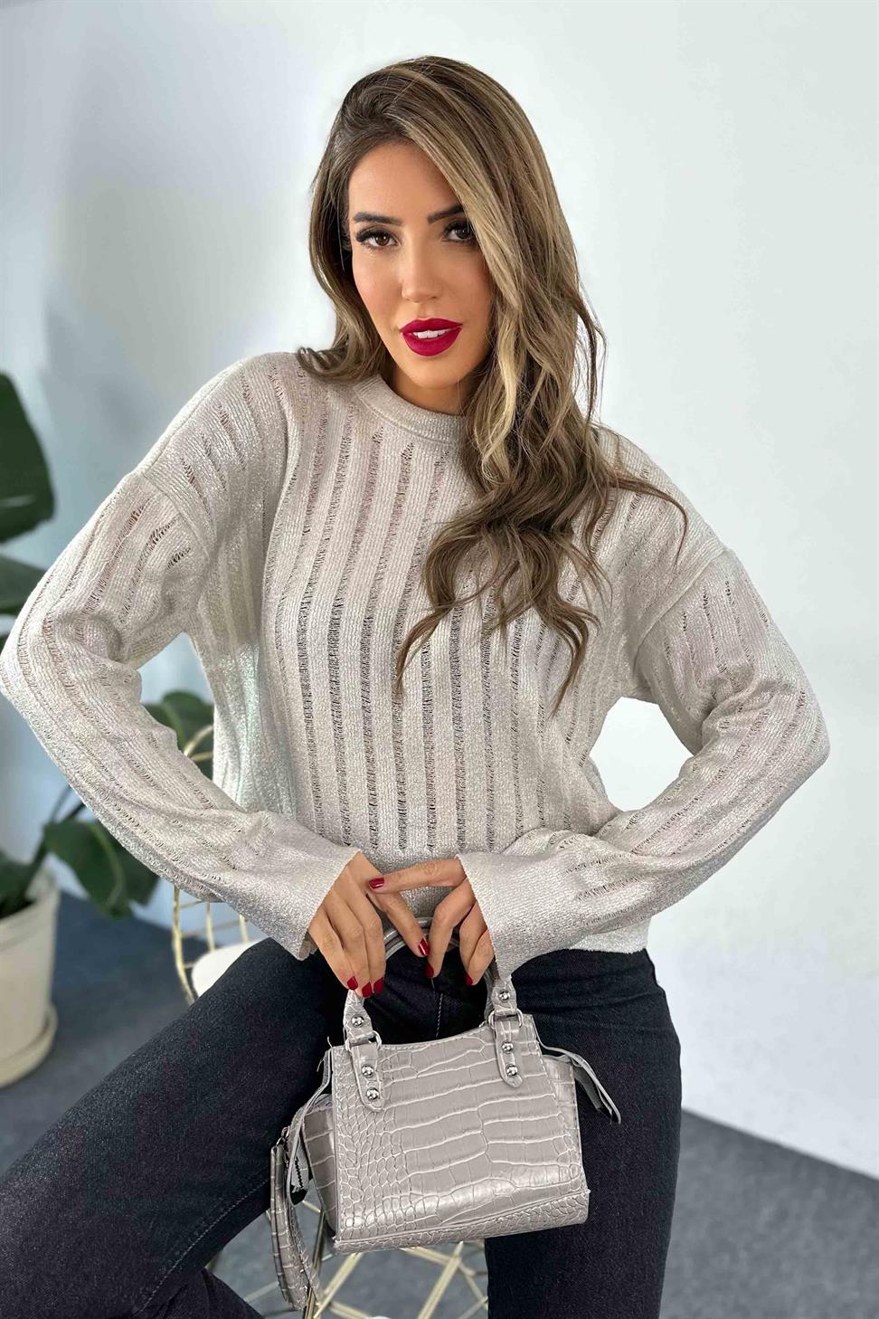Varak ve Ajur Detaylı Oversize Kazak Silver