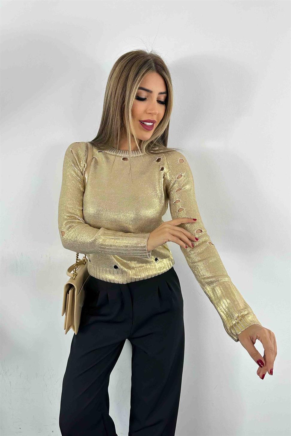 Varaklı Ajur Detay Kadın Kazak Gold
