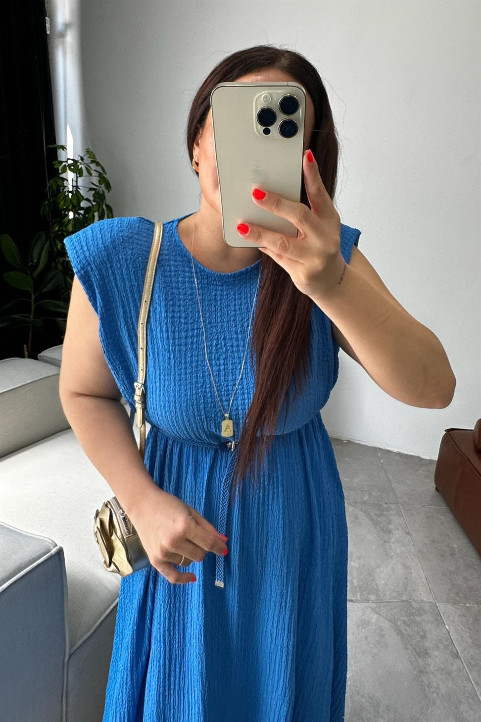 Vatkalı Kemer Detaylı Basic Maxi Elbise Saks Mavisi