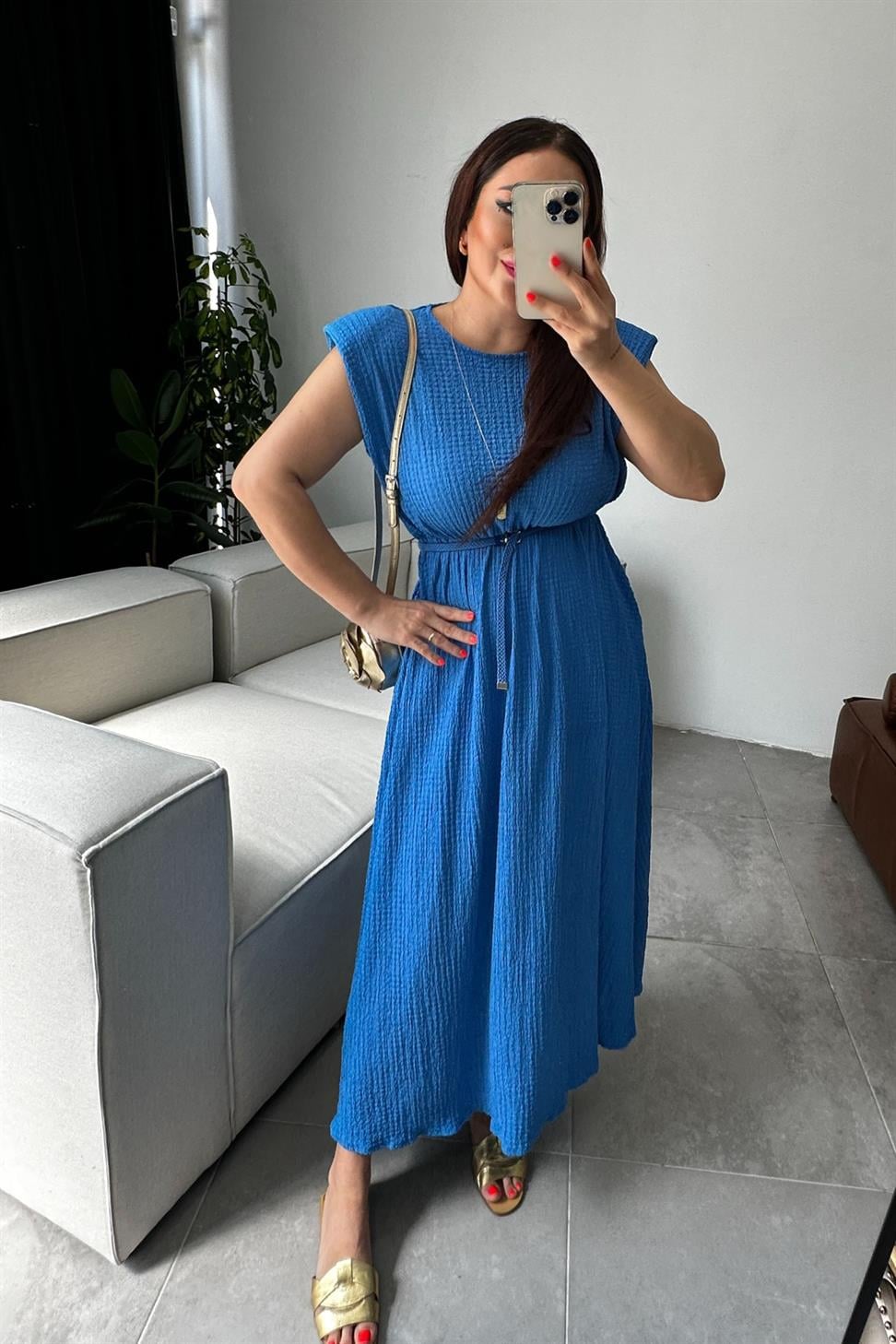 Vatkalı Kemer Detaylı Basic Maxi Elbise Saks Mavisi