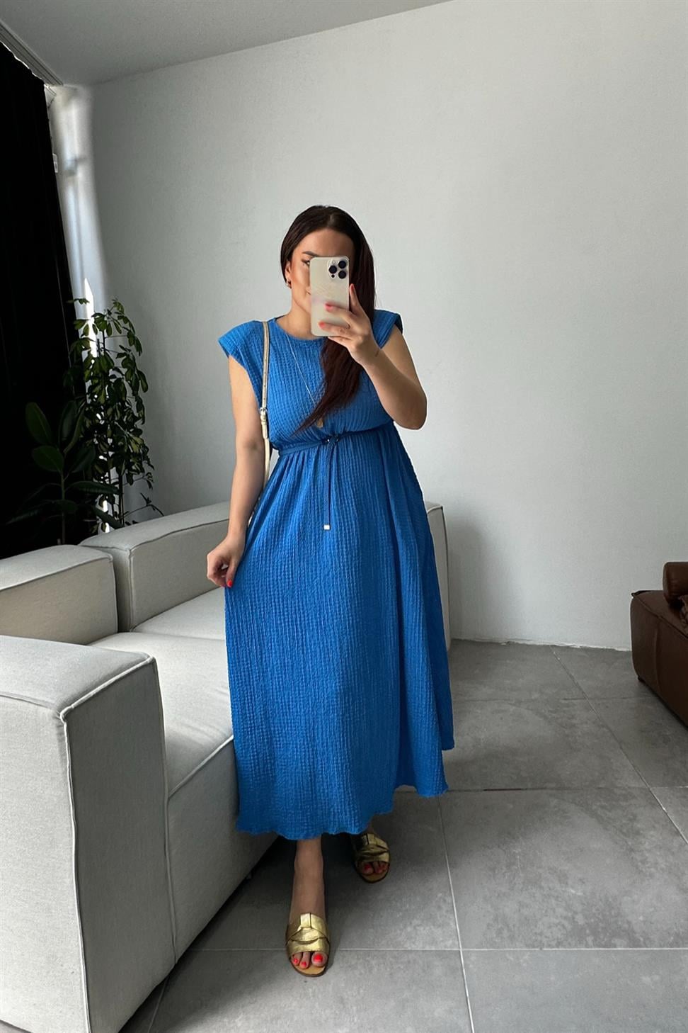 Vatkalı Kemer Detaylı Basic Maxi Elbise Saks Mavisi