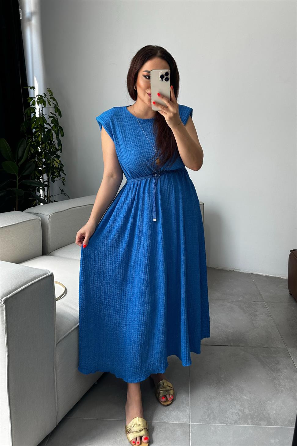 Vatkalı Kemer Detaylı Basic Maxi Elbise Saks Mavisi