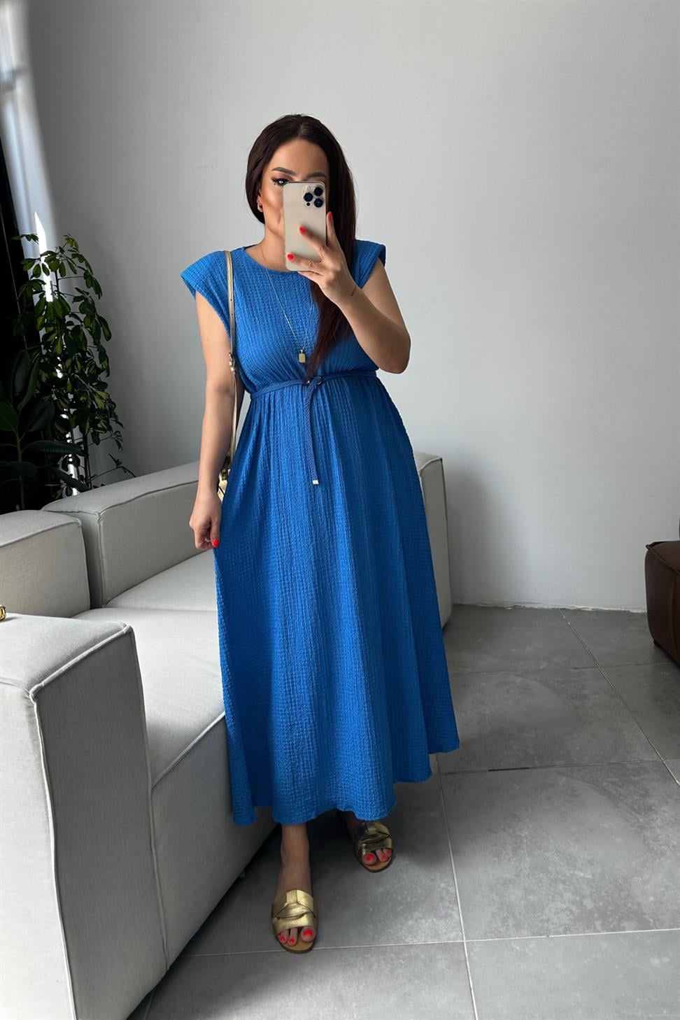 Vatkalı Kemer Detaylı Basic Maxi Elbise Saks Mavisi