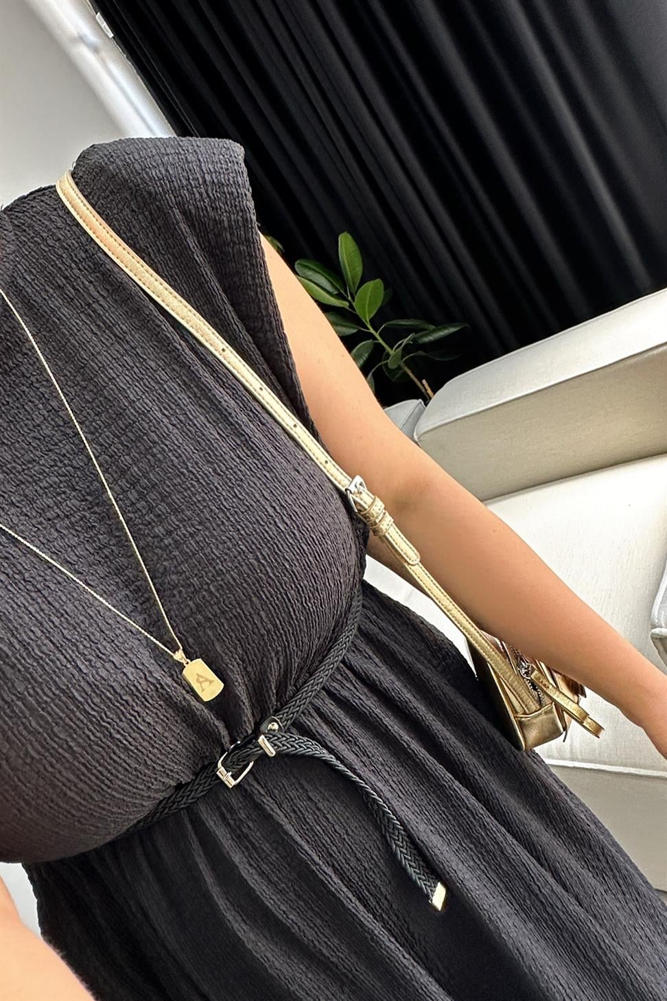 Vatkalı Kemer Detaylı Basic Maxi Elbise Siyah