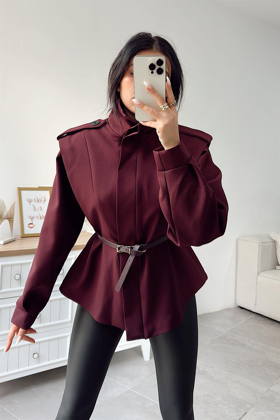 Vatkalı Kemerli Ceket Bordo