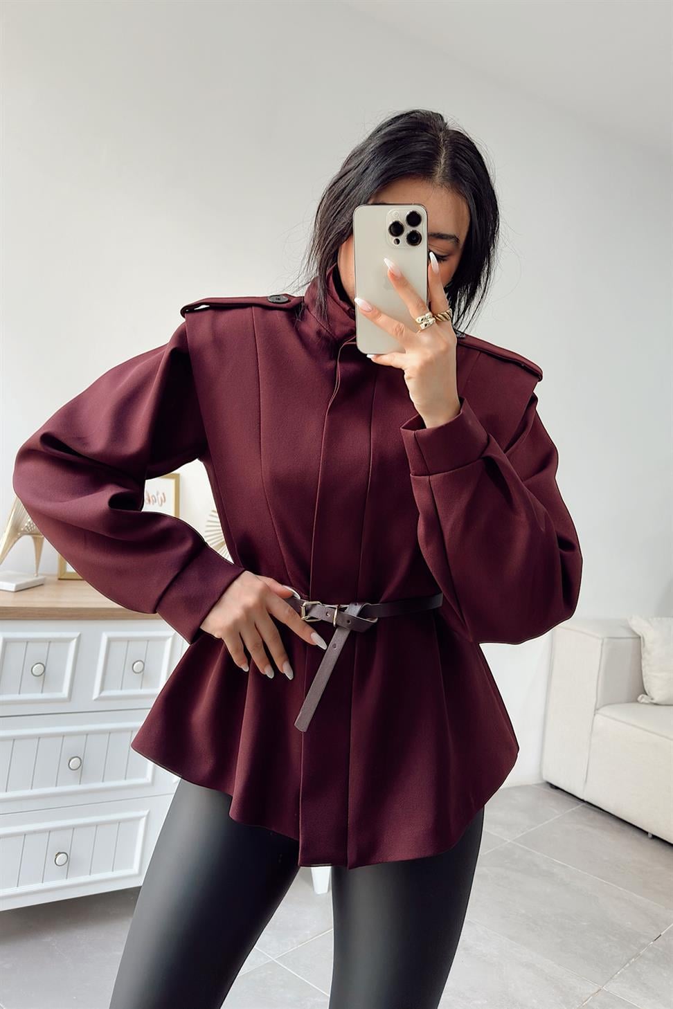 Vatkalı Kemerli Ceket Bordo