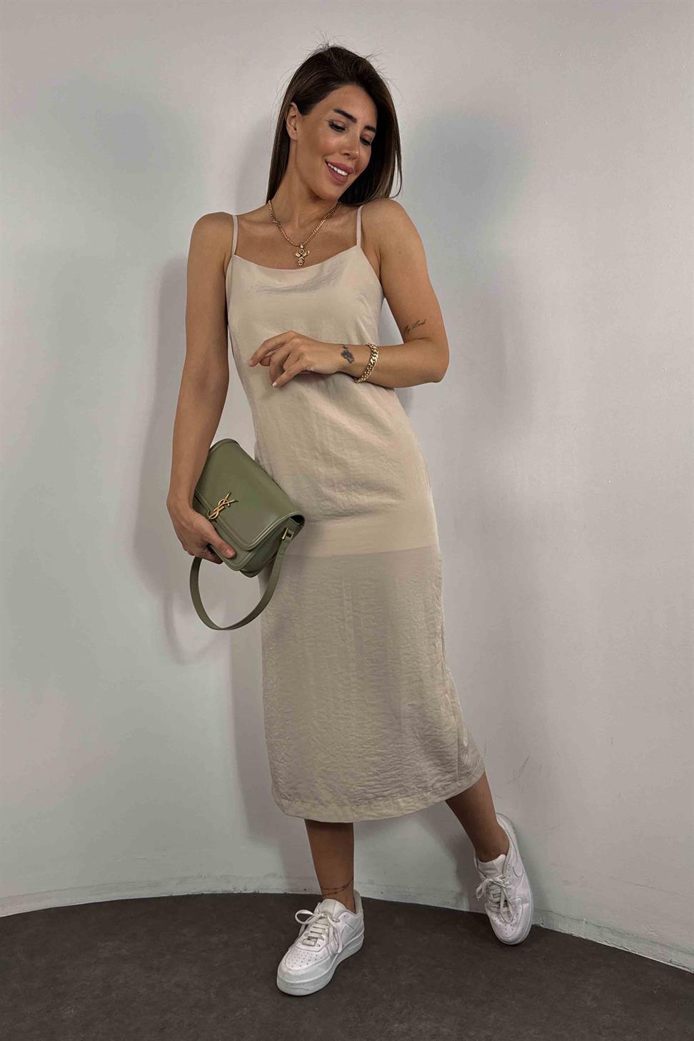 Viskon Kumaş Ayarlanabilir Askılı Elbise Bej