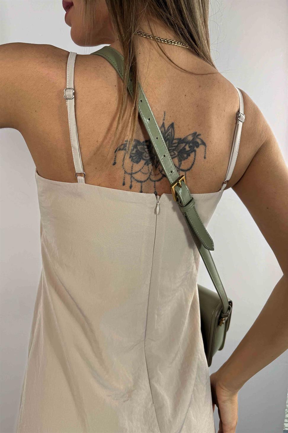 Viskon Kumaş Ayarlanabilir Askılı Elbise Bej