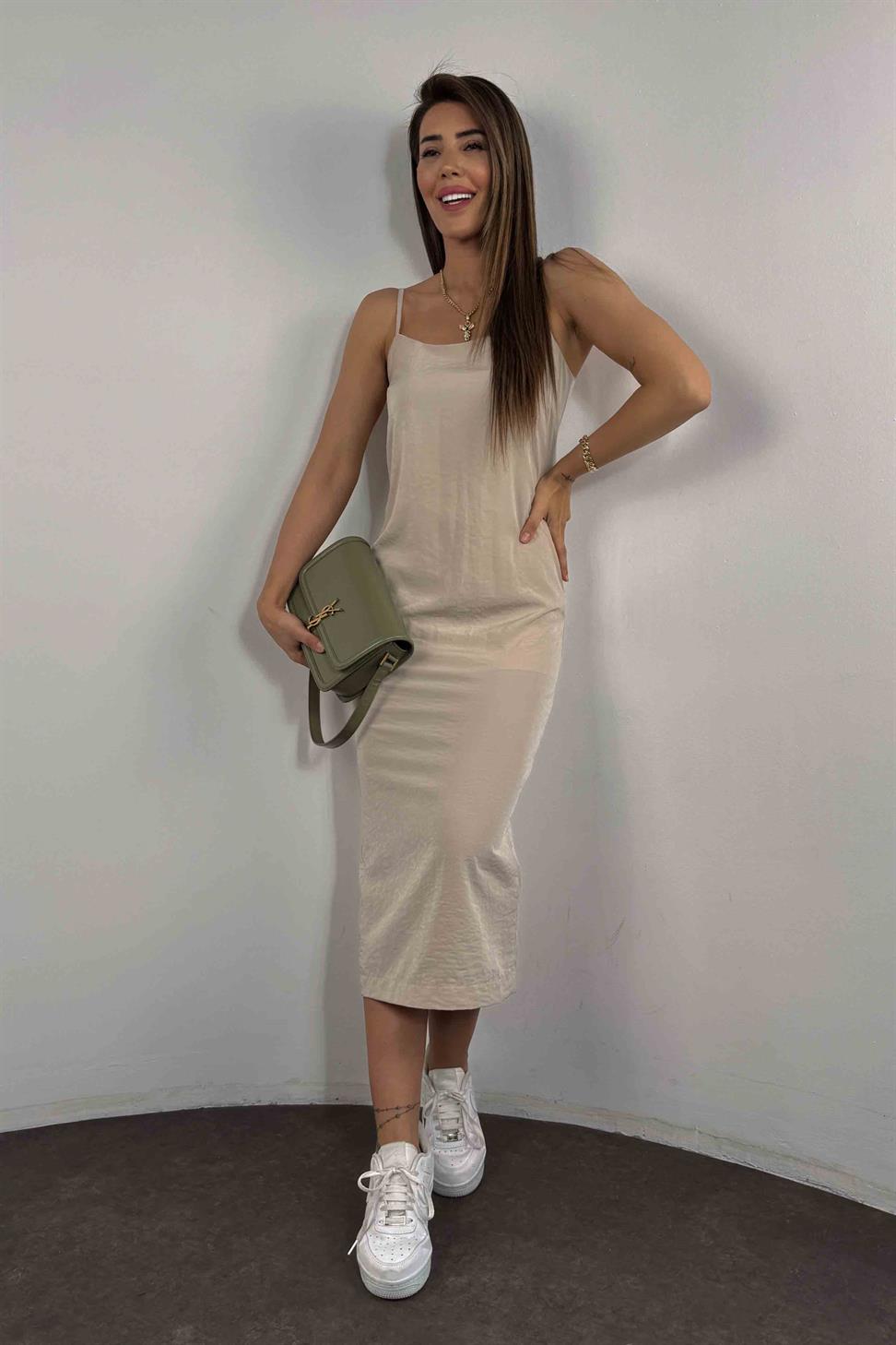 Viskon Kumaş Ayarlanabilir Askılı Elbise Bej