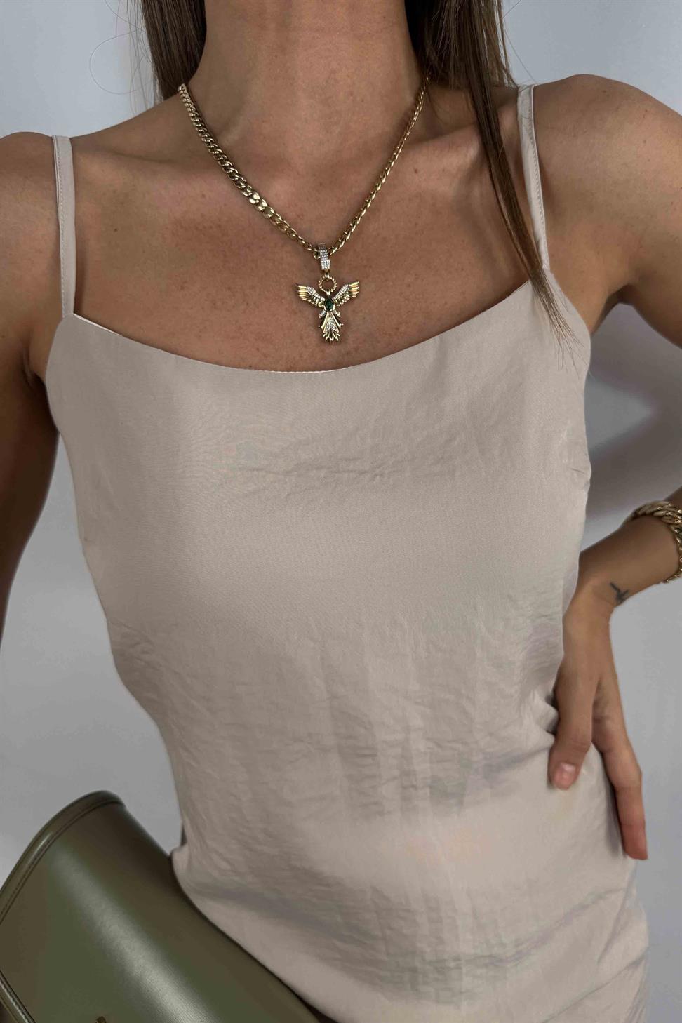 Viskon Kumaş Ayarlanabilir Askılı Elbise Bej