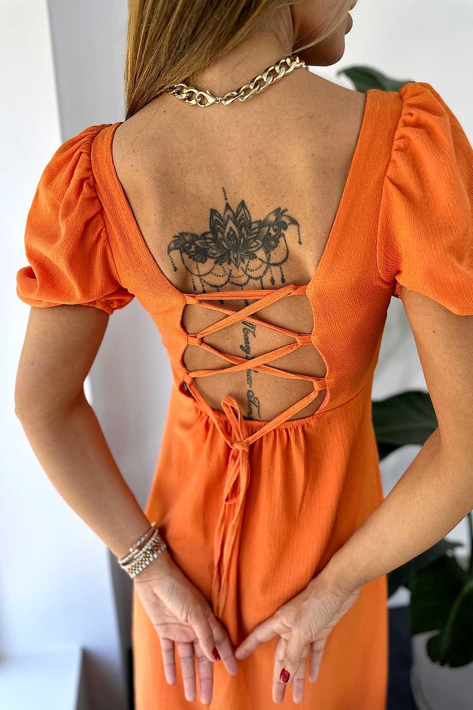 Viskon Kumaş Dekolteli Midi Kadın Elbise Turuncu