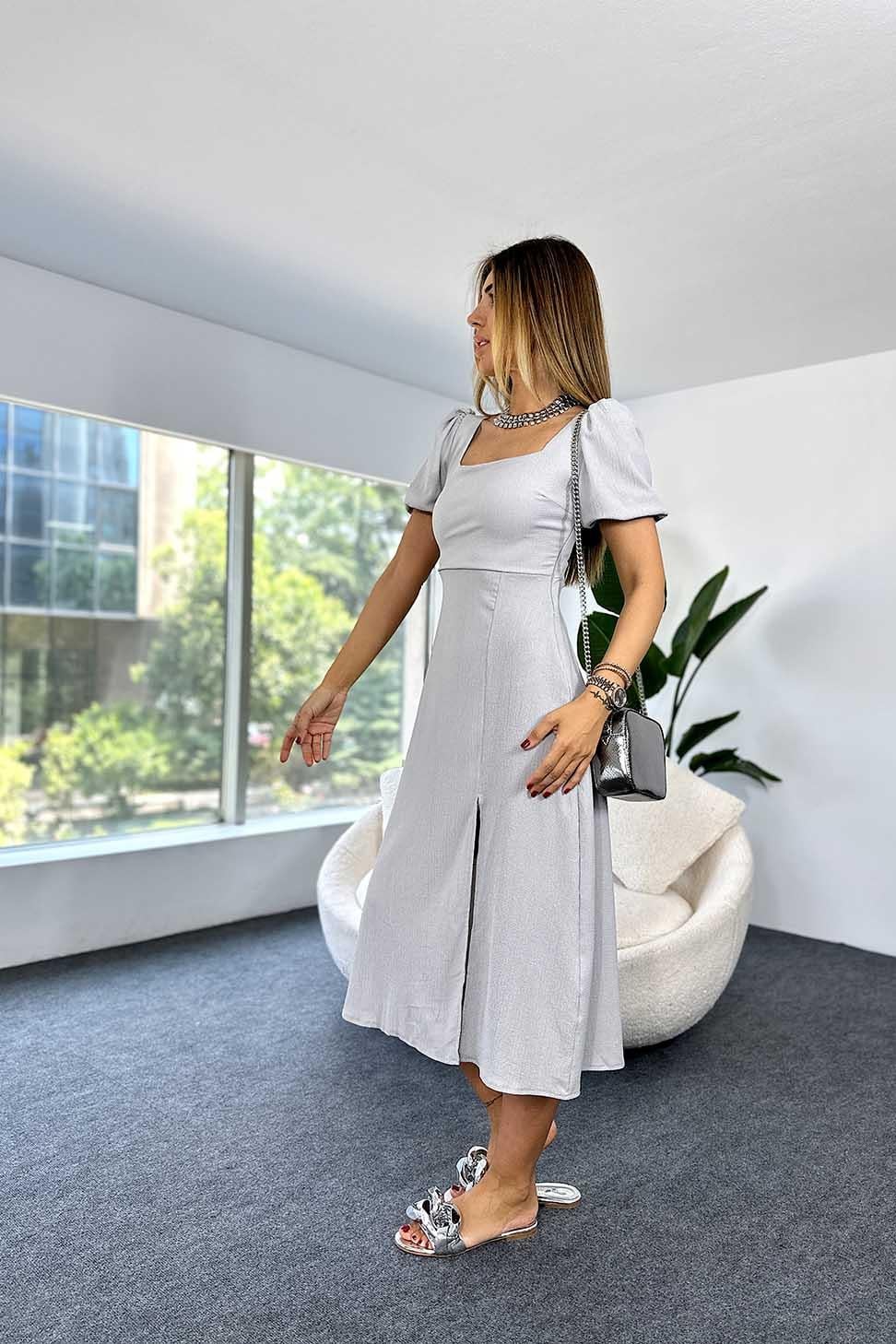 Viskon Kumaş Dekolteli Midi Kadın Elbise Gri