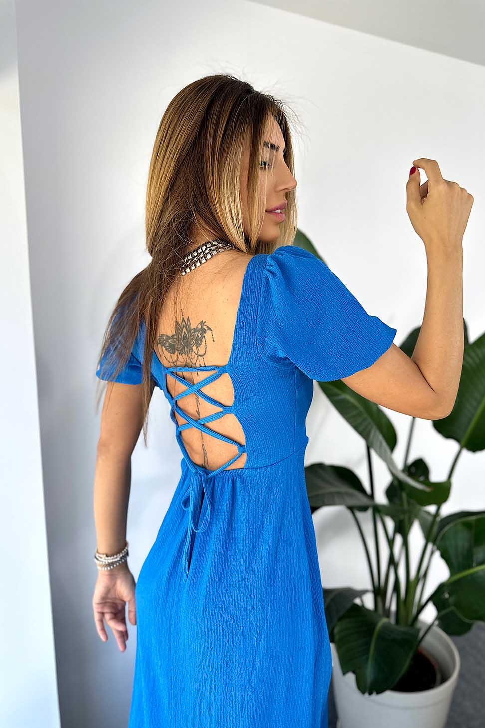 Viskon Kumaş Dekolteli Midi Kadın Elbise Mavi